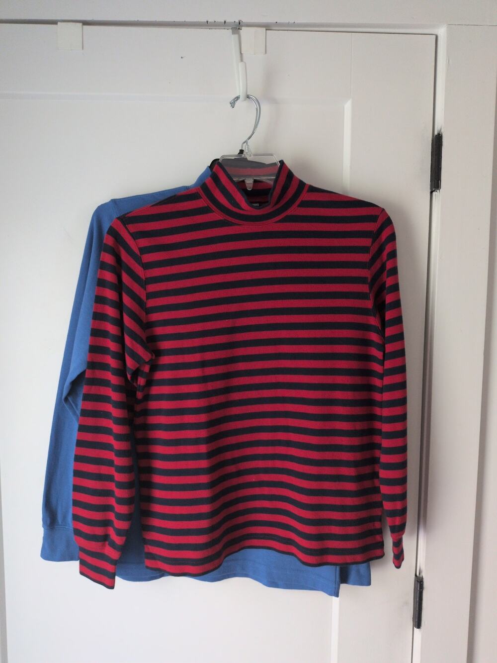 Lot of 2 Lands' End Womens Small Mock Neck Tops Solid Blue & Red Navy Stripe